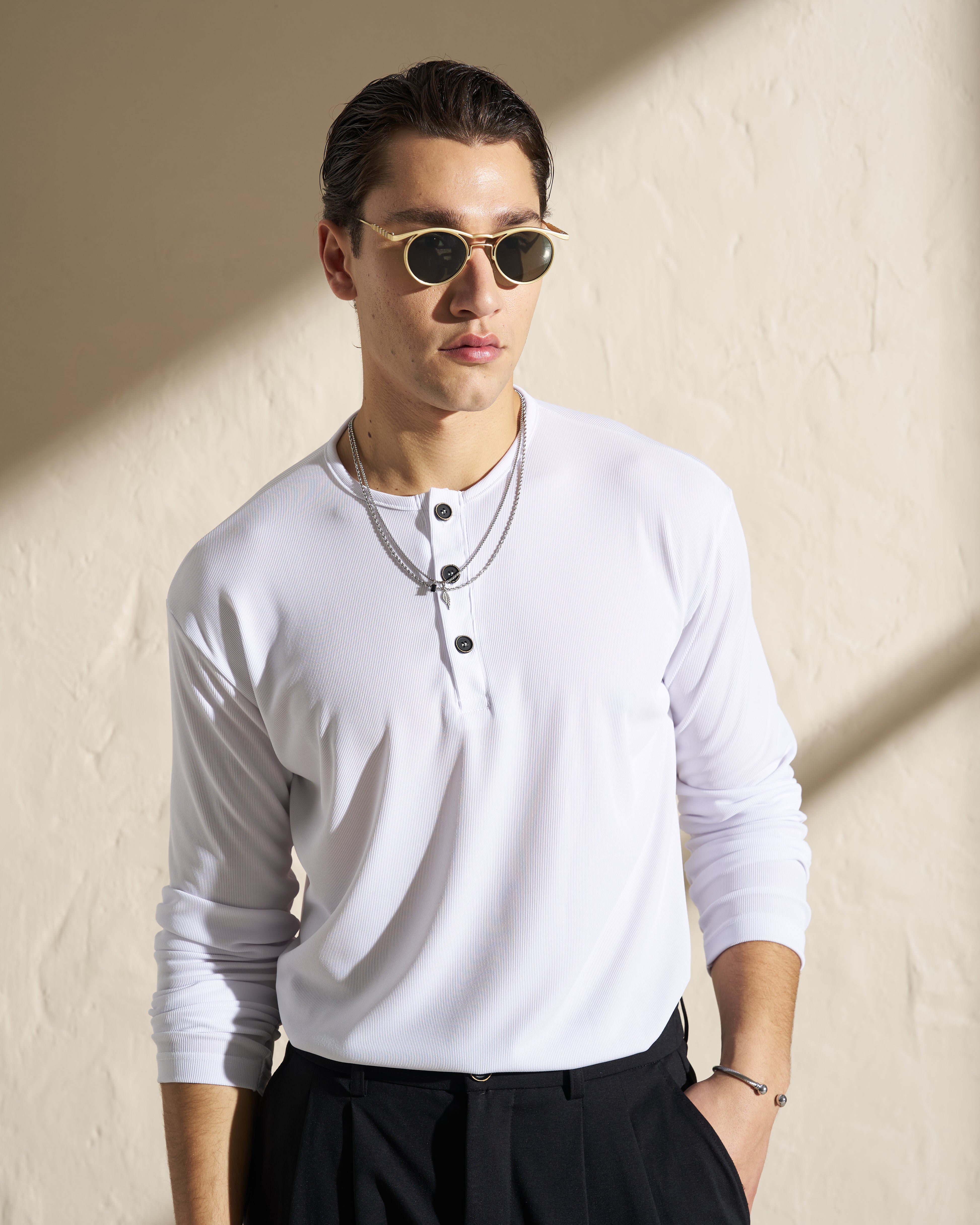 Long Sleeve Henley T-Shirt – White