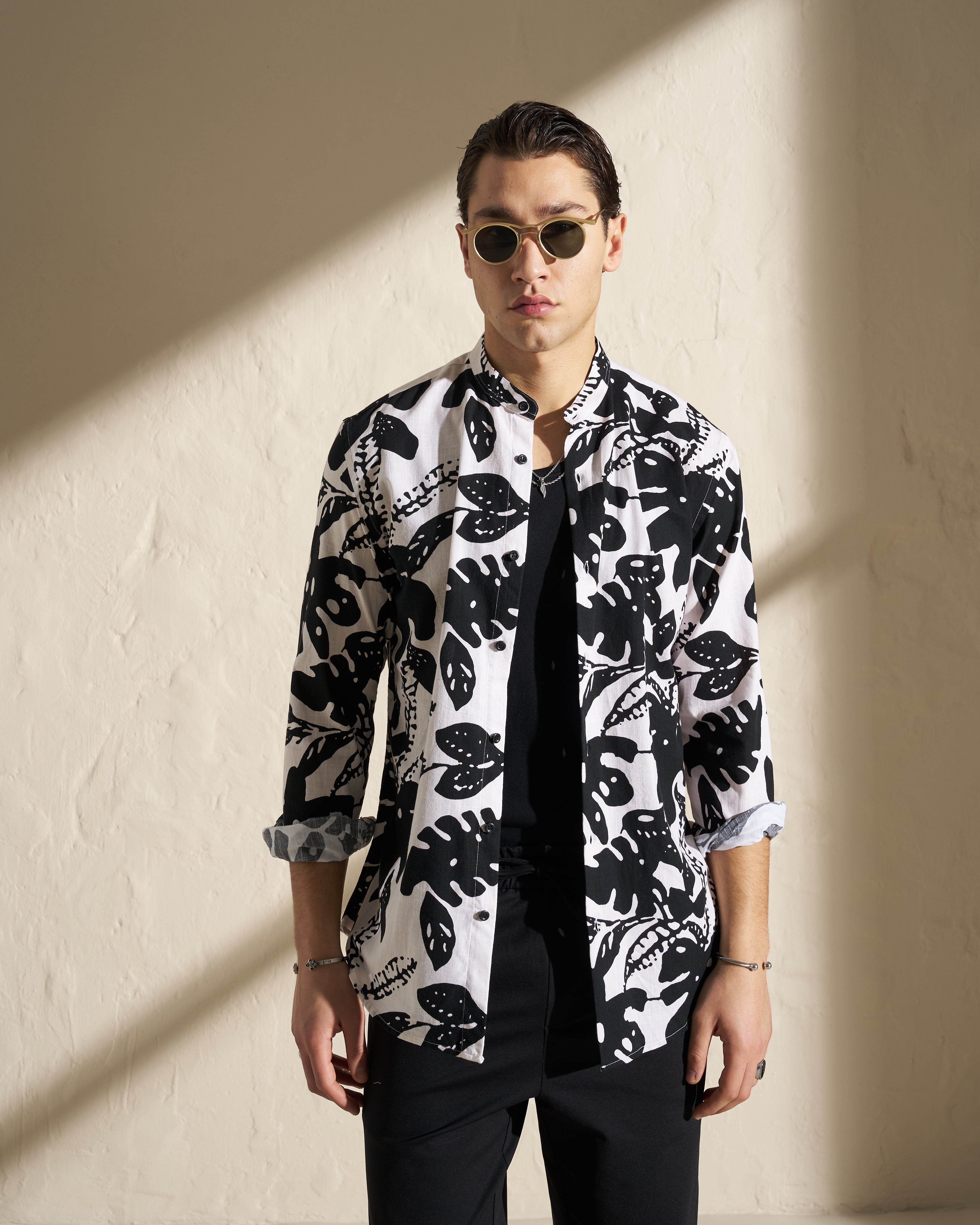 Printed Mao Collar Shirt – Black & White