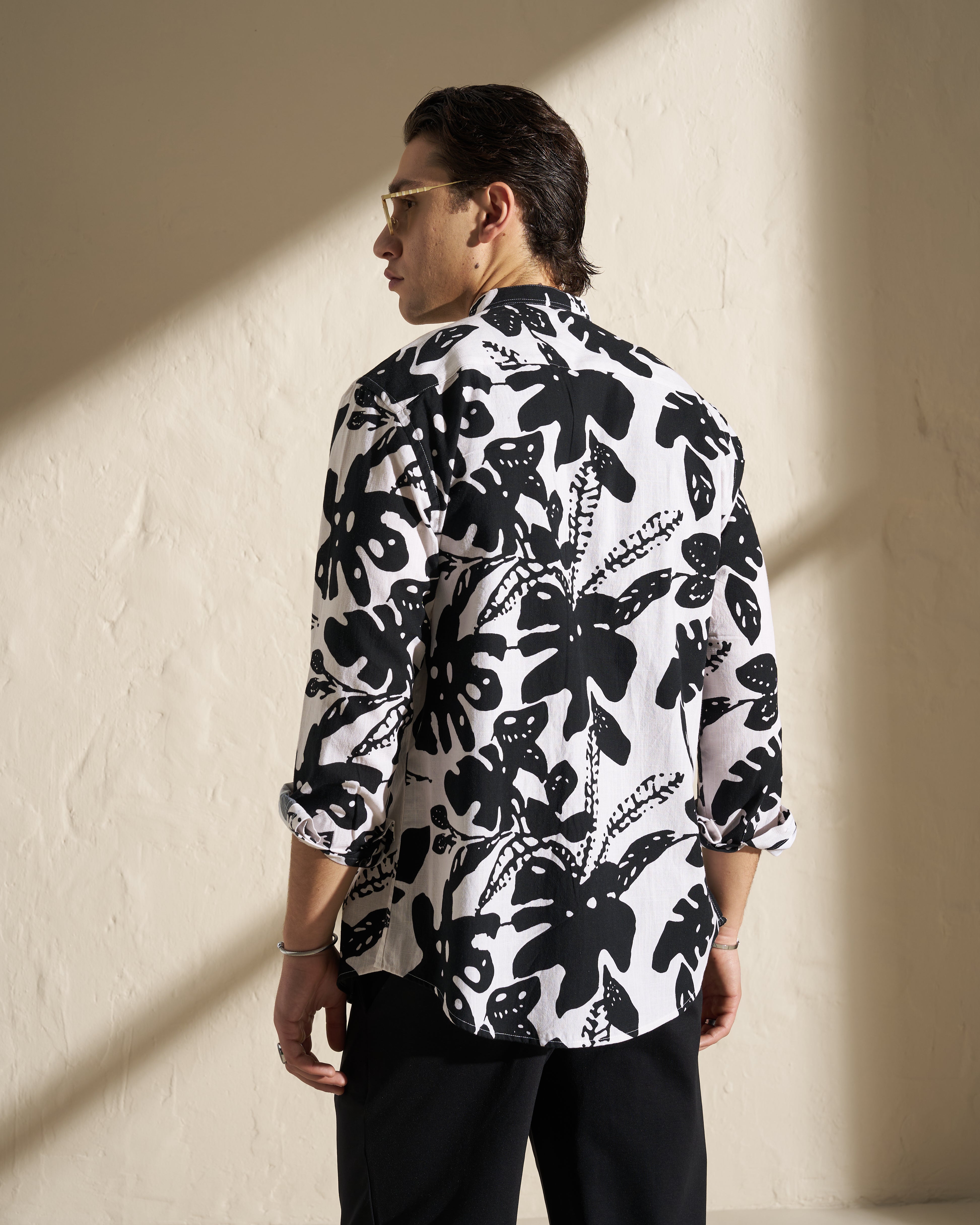 Printed Mao Collar Shirt – Black & White