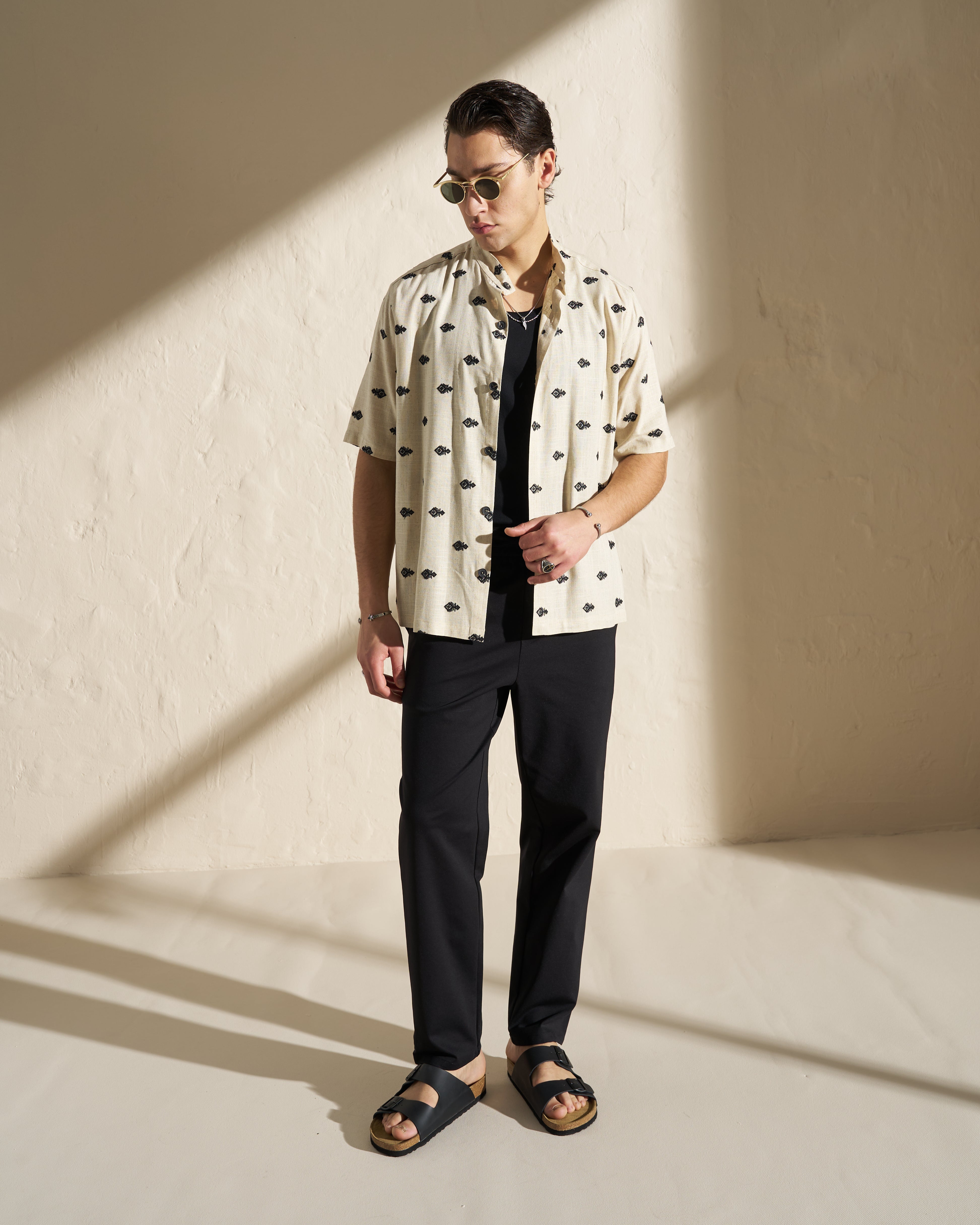 Embroidered Mao Collar Shirt – Beige