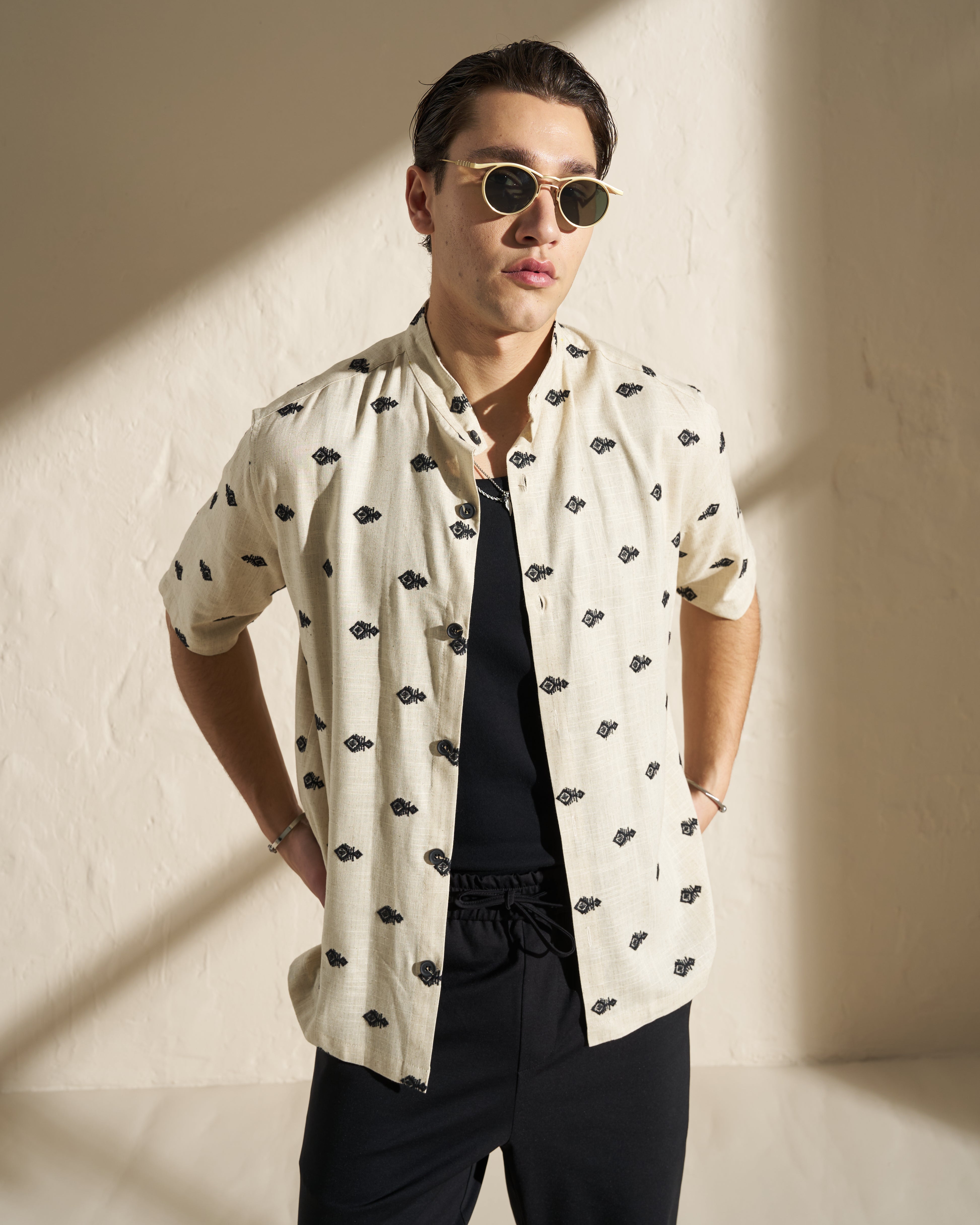 Embroidered Mao Collar Shirt – Beige