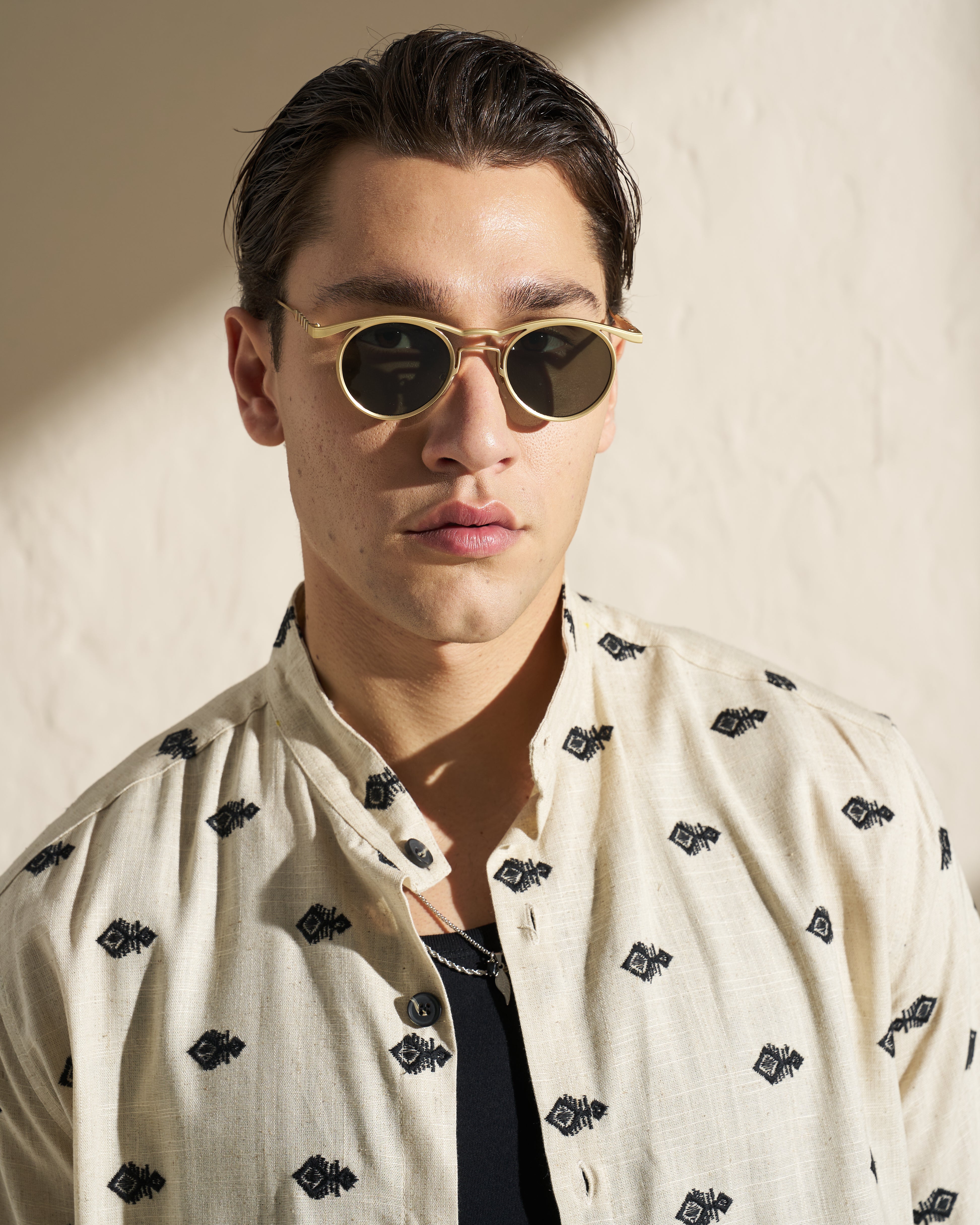 Embroidered Mao Collar Shirt – Beige