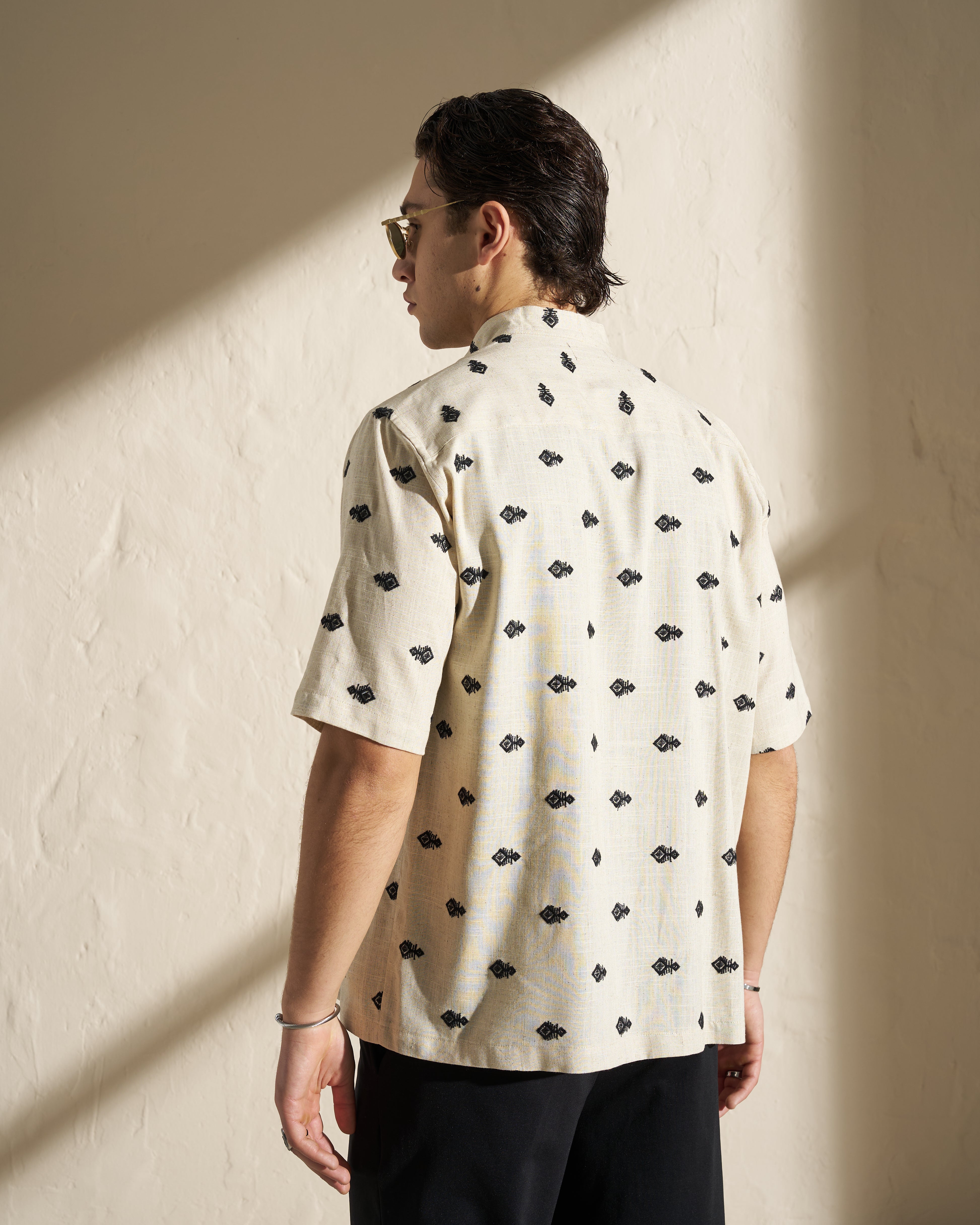 Embroidered Mao Collar Shirt – Beige