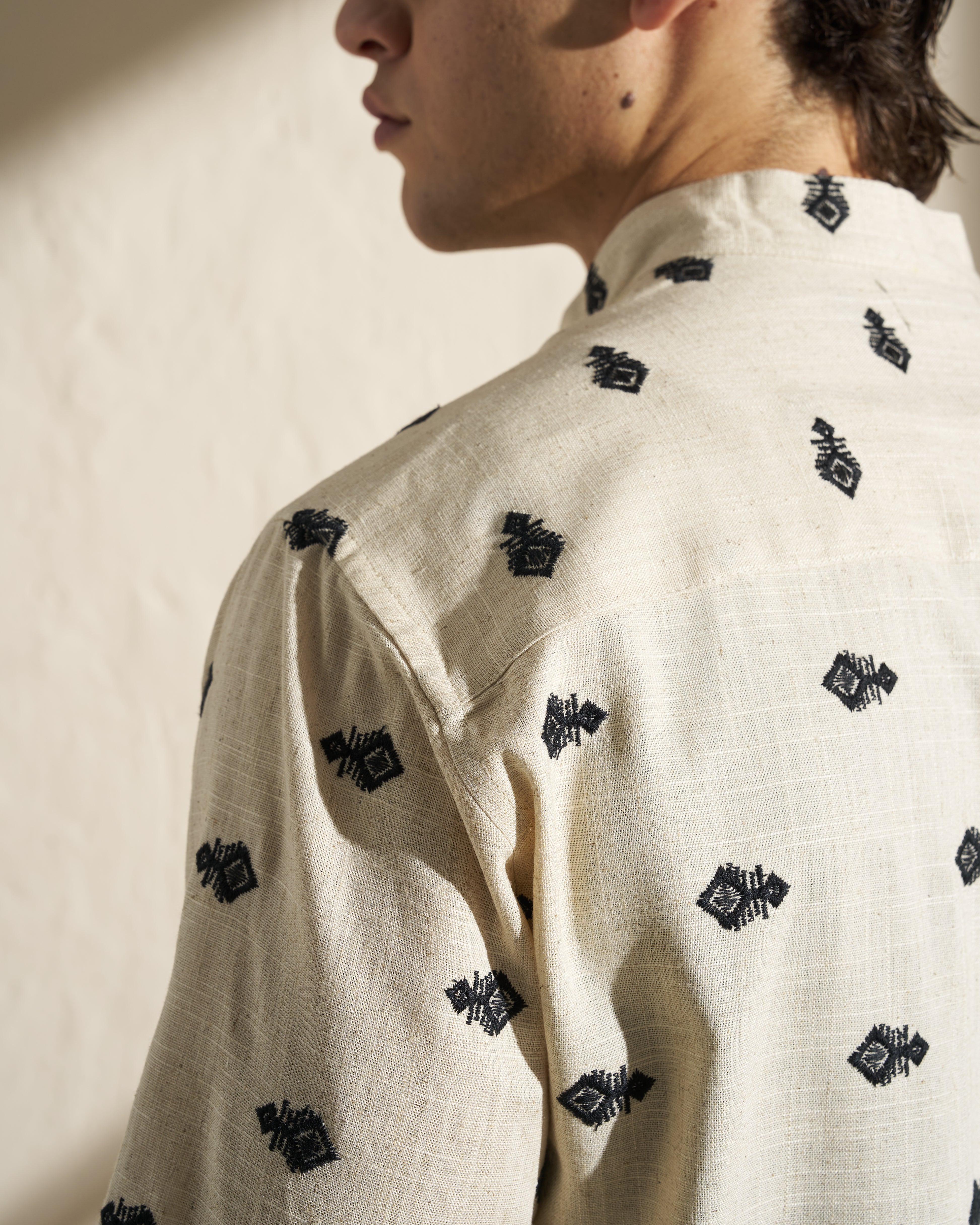 Embroidered Mao Collar Shirt – Beige