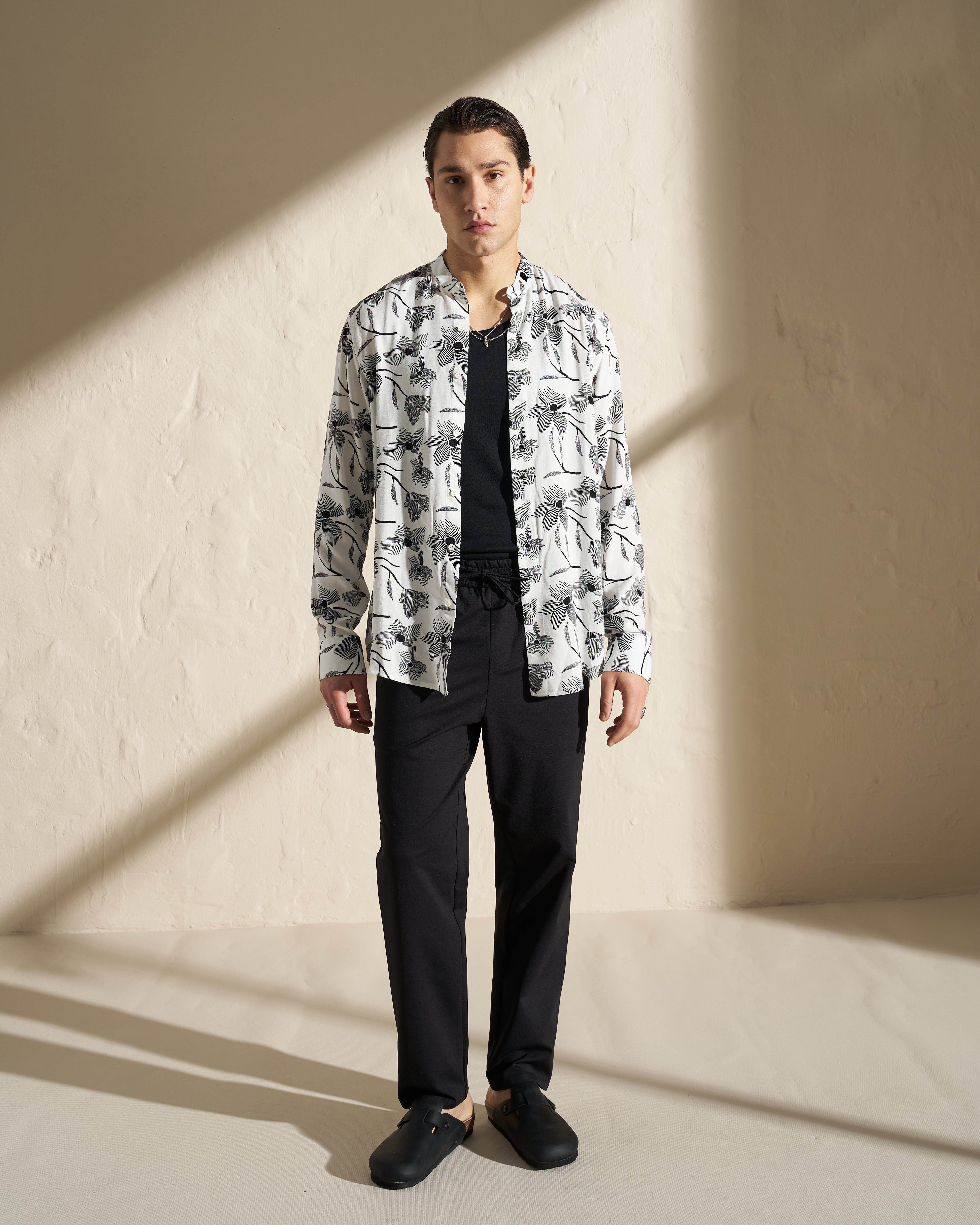 Floral Printed Mao Collar Shirt – White / Black