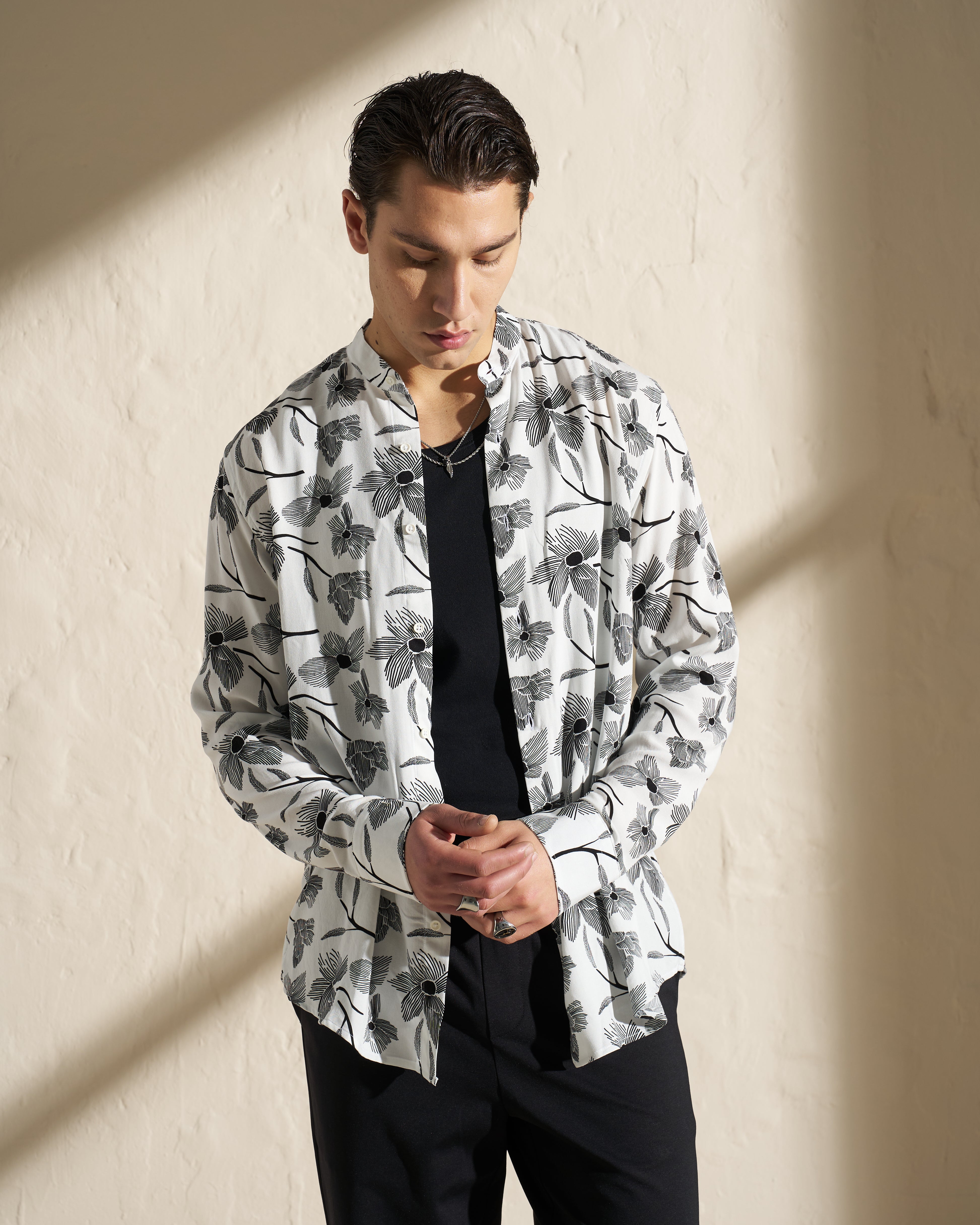 Floral Printed Mao Collar Shirt – White / Black