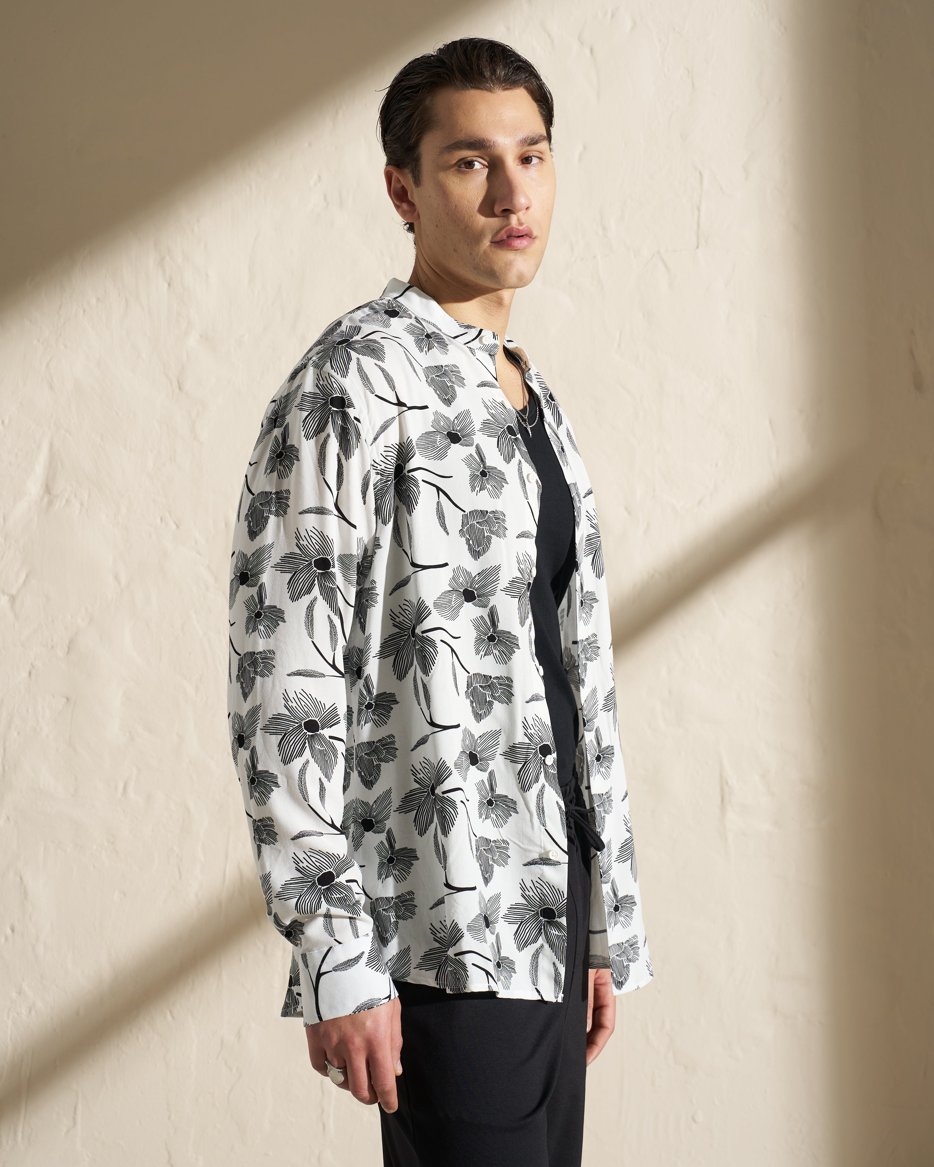 Floral Printed Mao Collar Shirt – White / Black