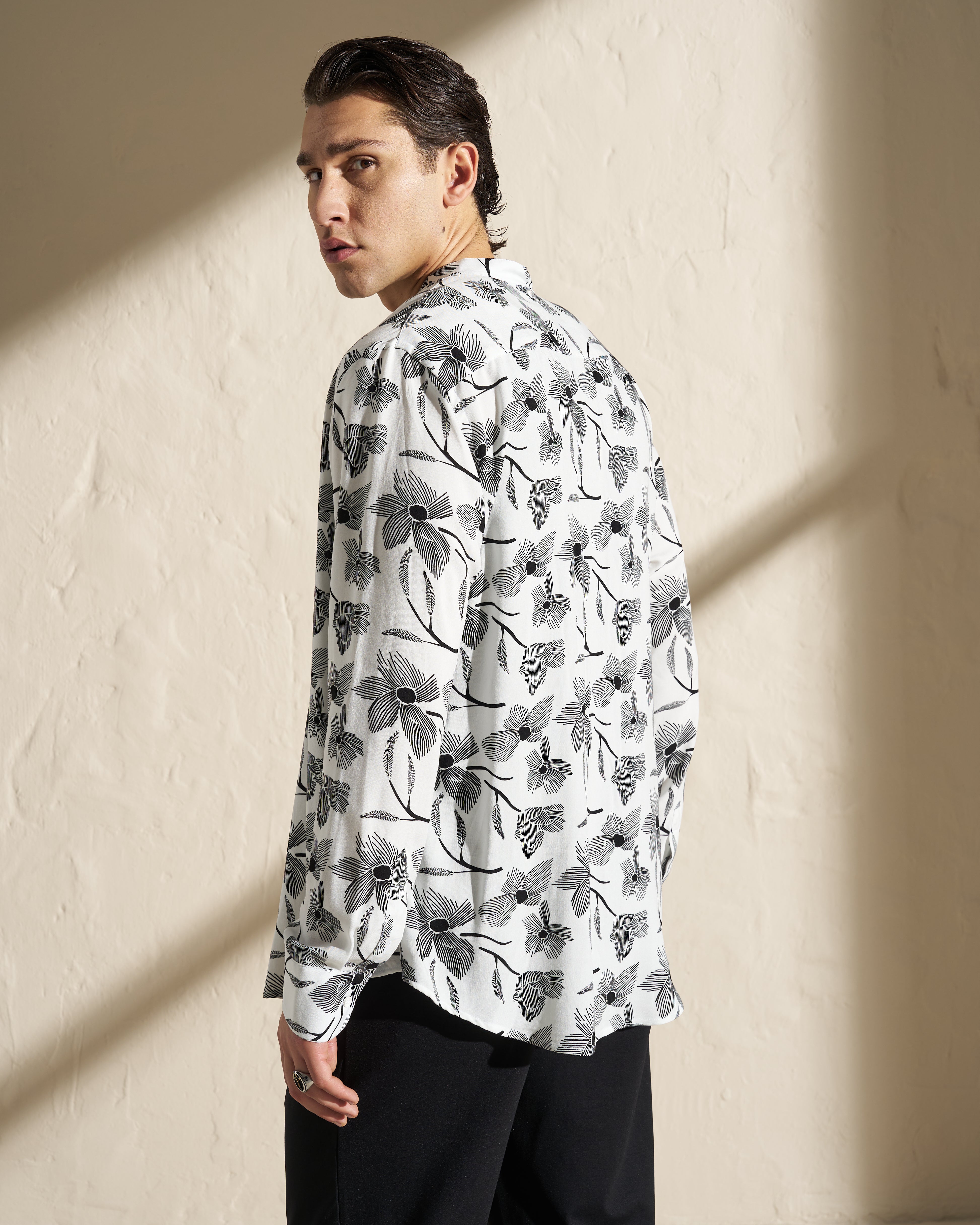 Floral Printed Mao Collar Shirt – White / Black