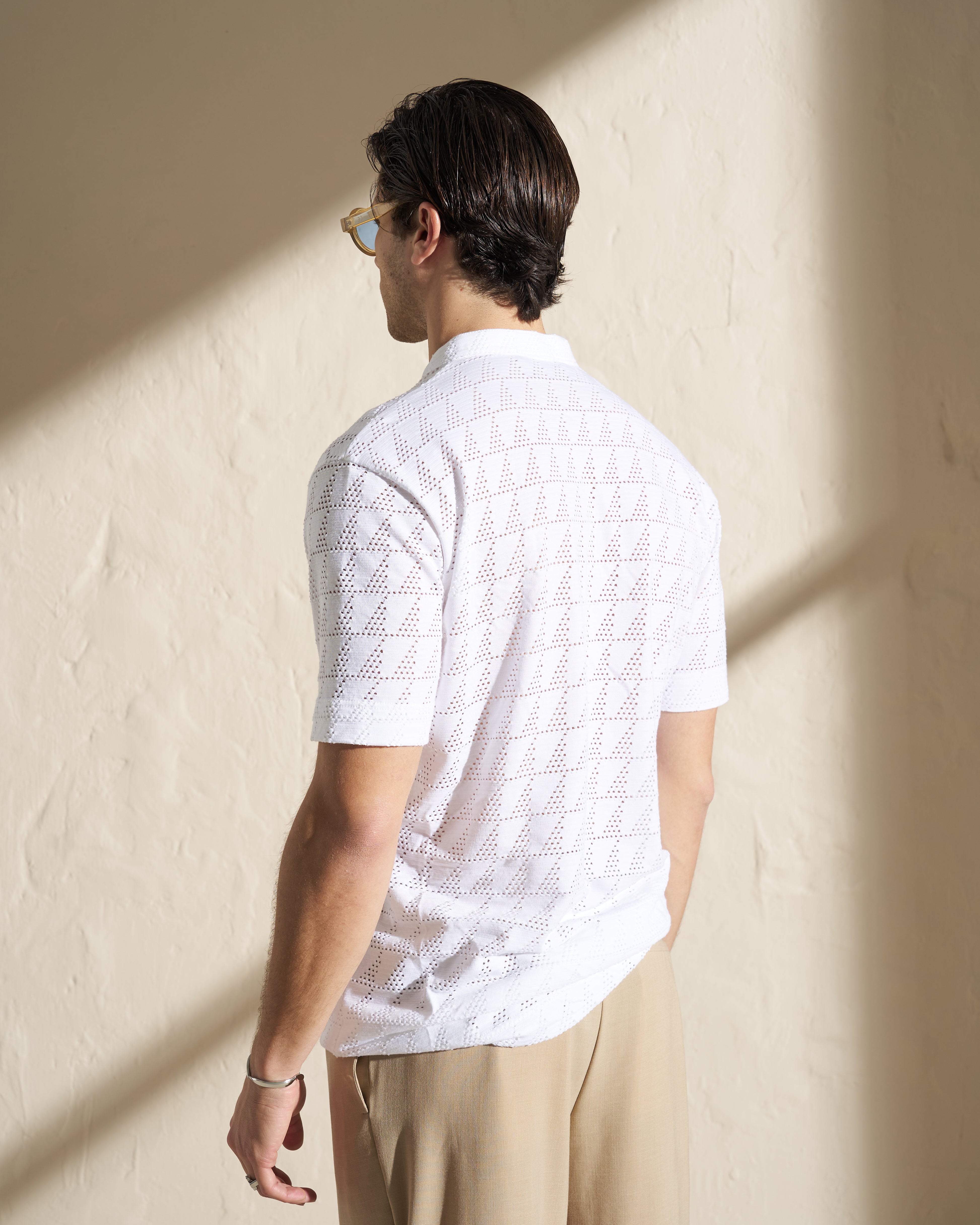 Perforated Short Sleeve Henley Knit – White