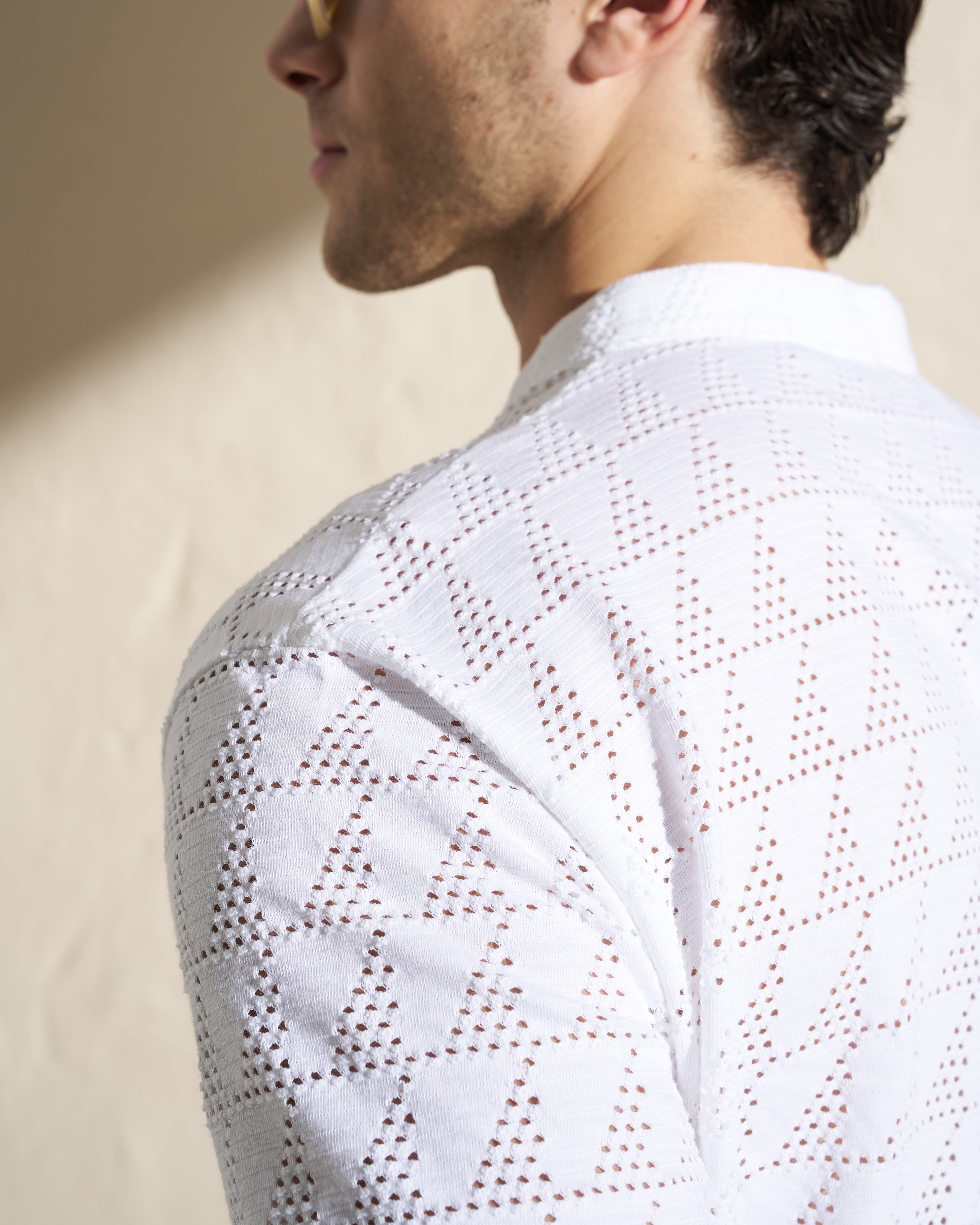 Perforated Short Sleeve Henley Knit – White