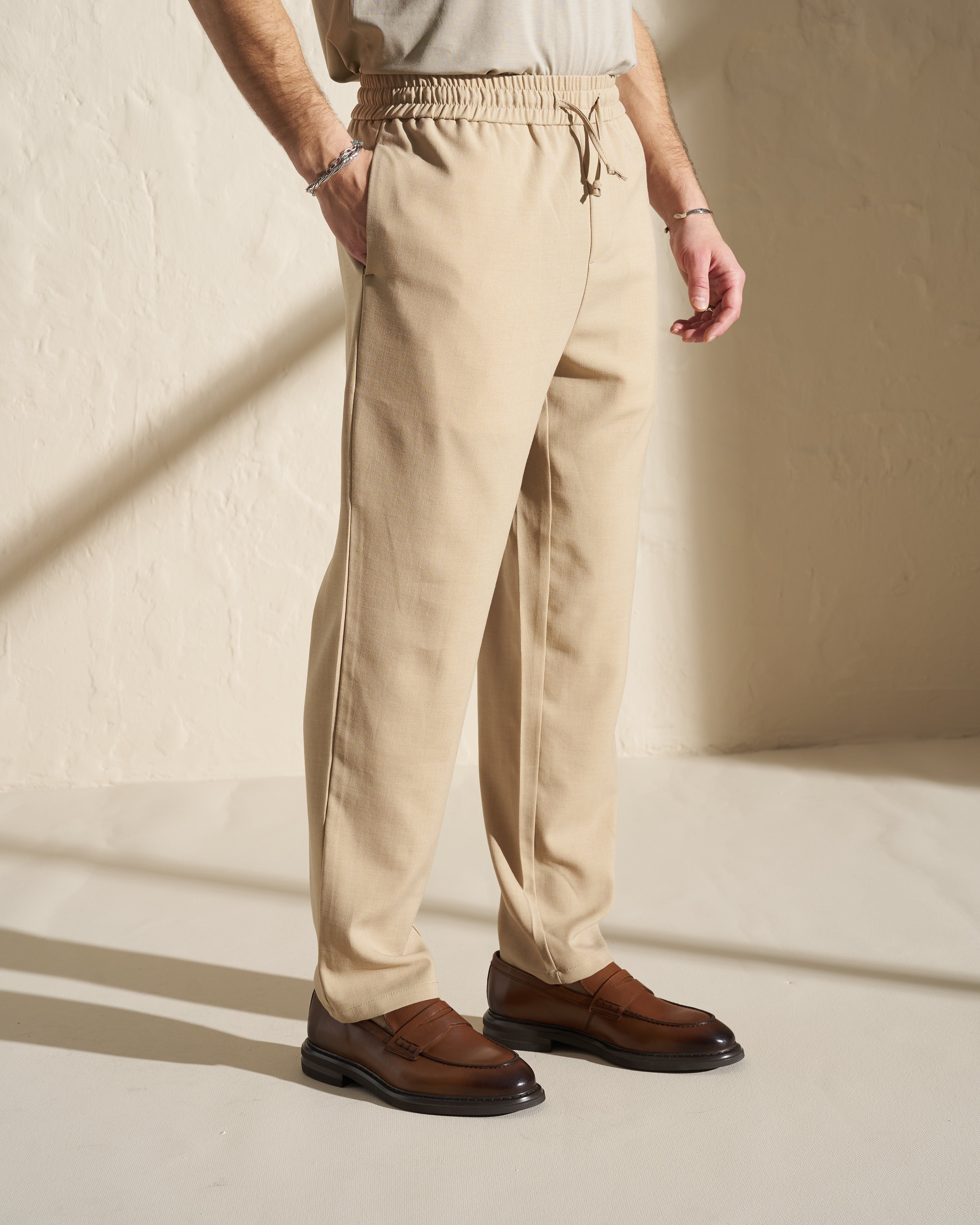 Drawstring Tailored Trousers – Beige