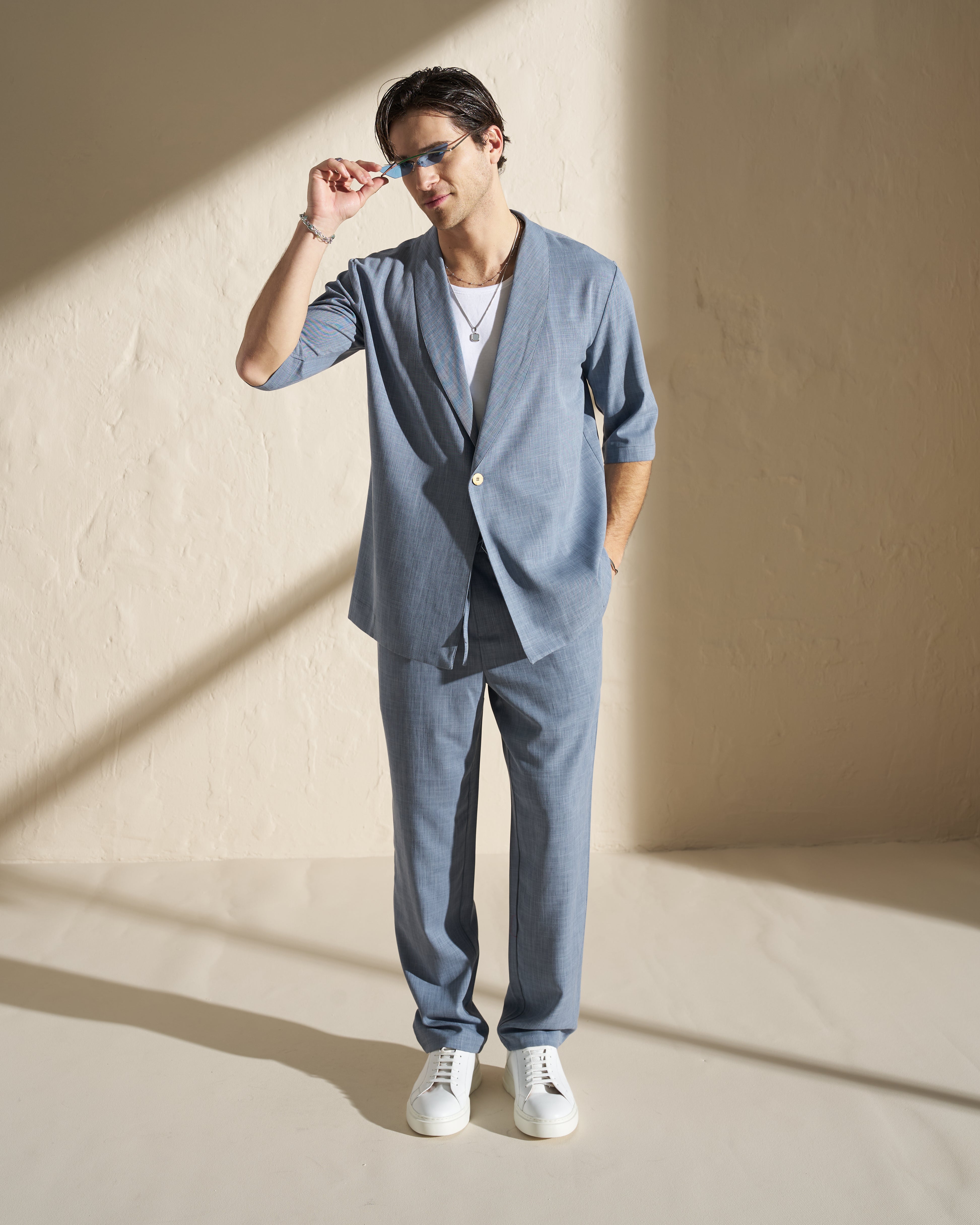 One-Button Short Sleeve Kimono Jacket – Blue