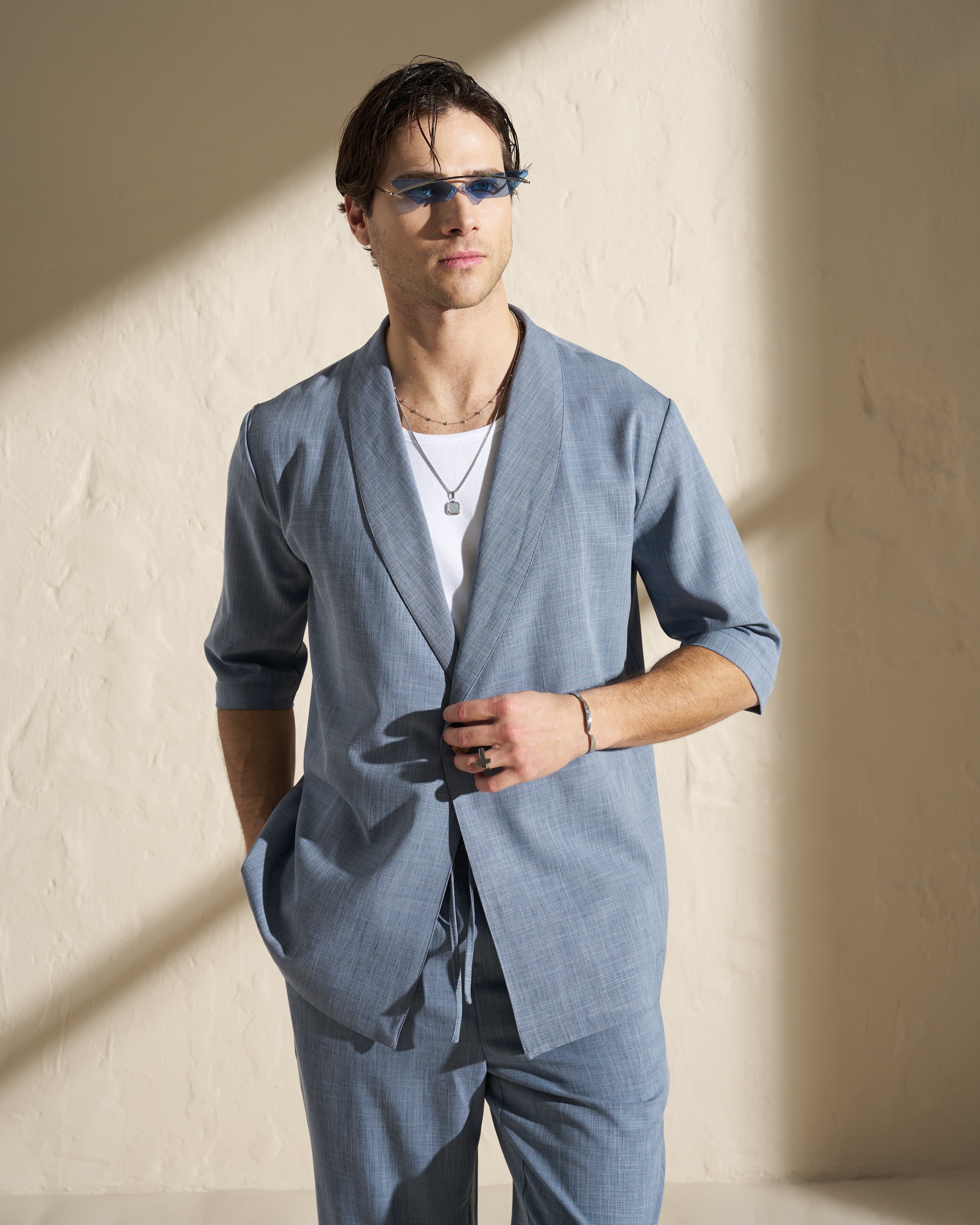 One-Button Short Sleeve Kimono Jacket – Blue