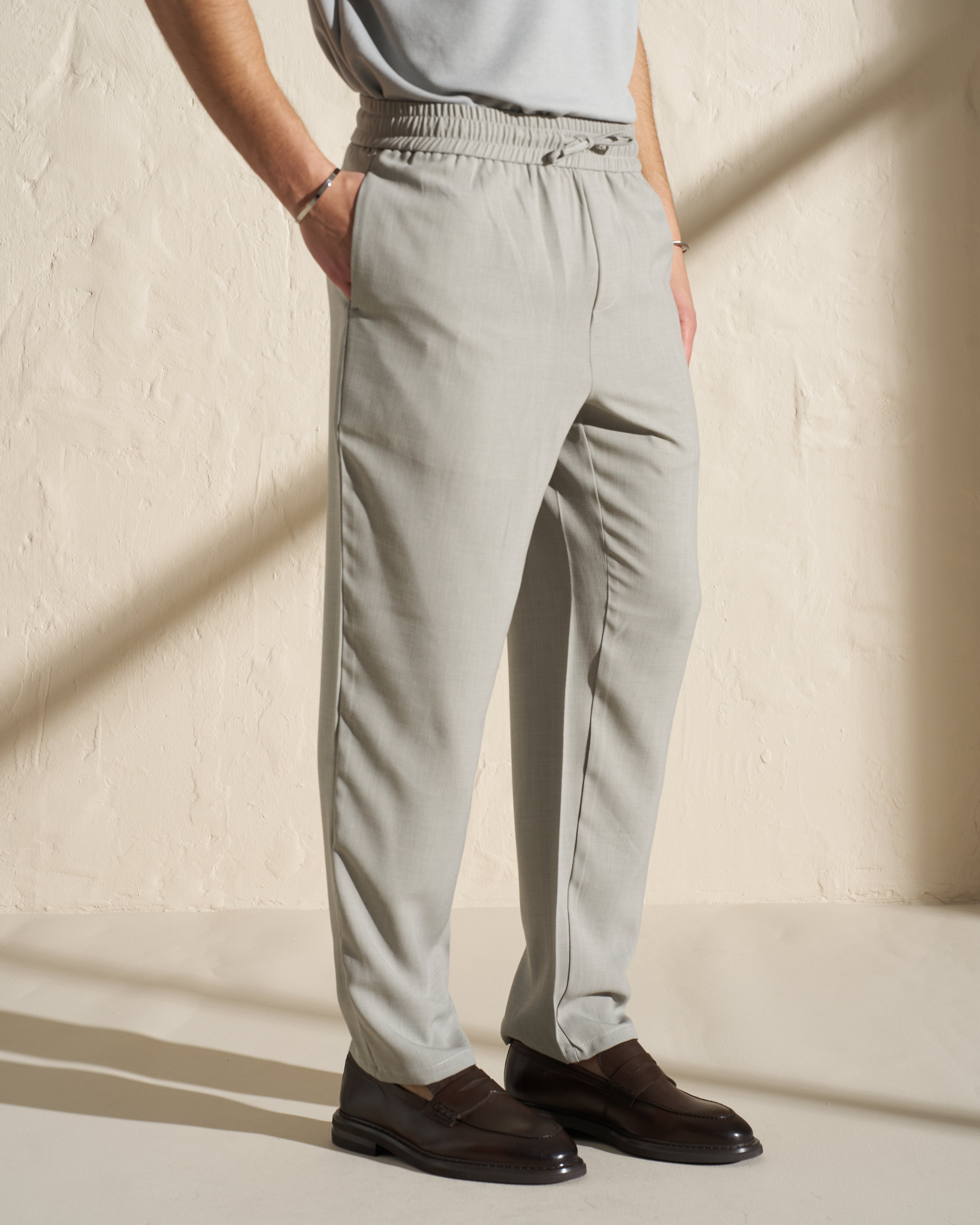 Lightweight Elastic-Waist Trousers – Sage Grey