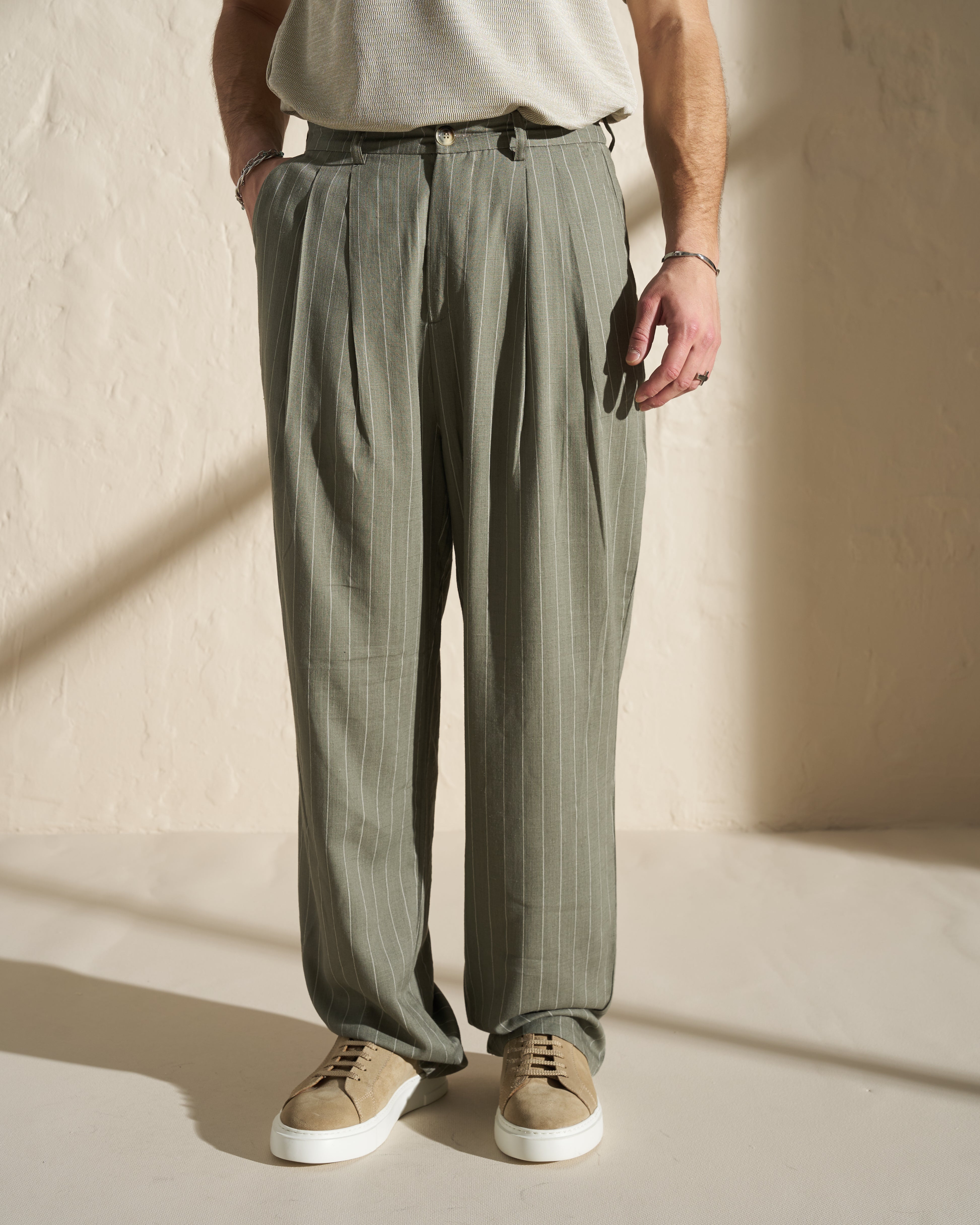 Pinstripe Pleated Trousers