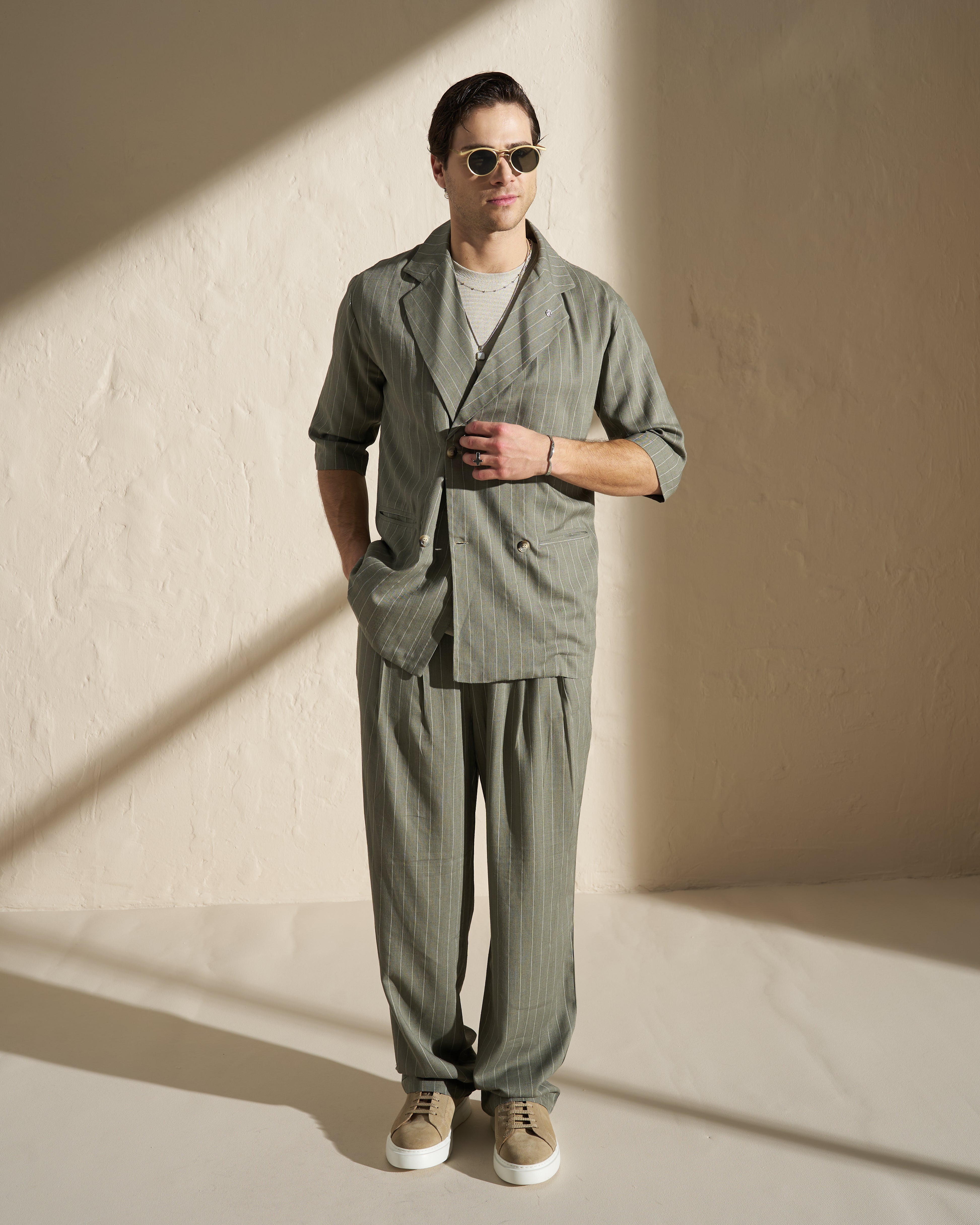 Lightweight Double-Breasted Pinstripe Blazer