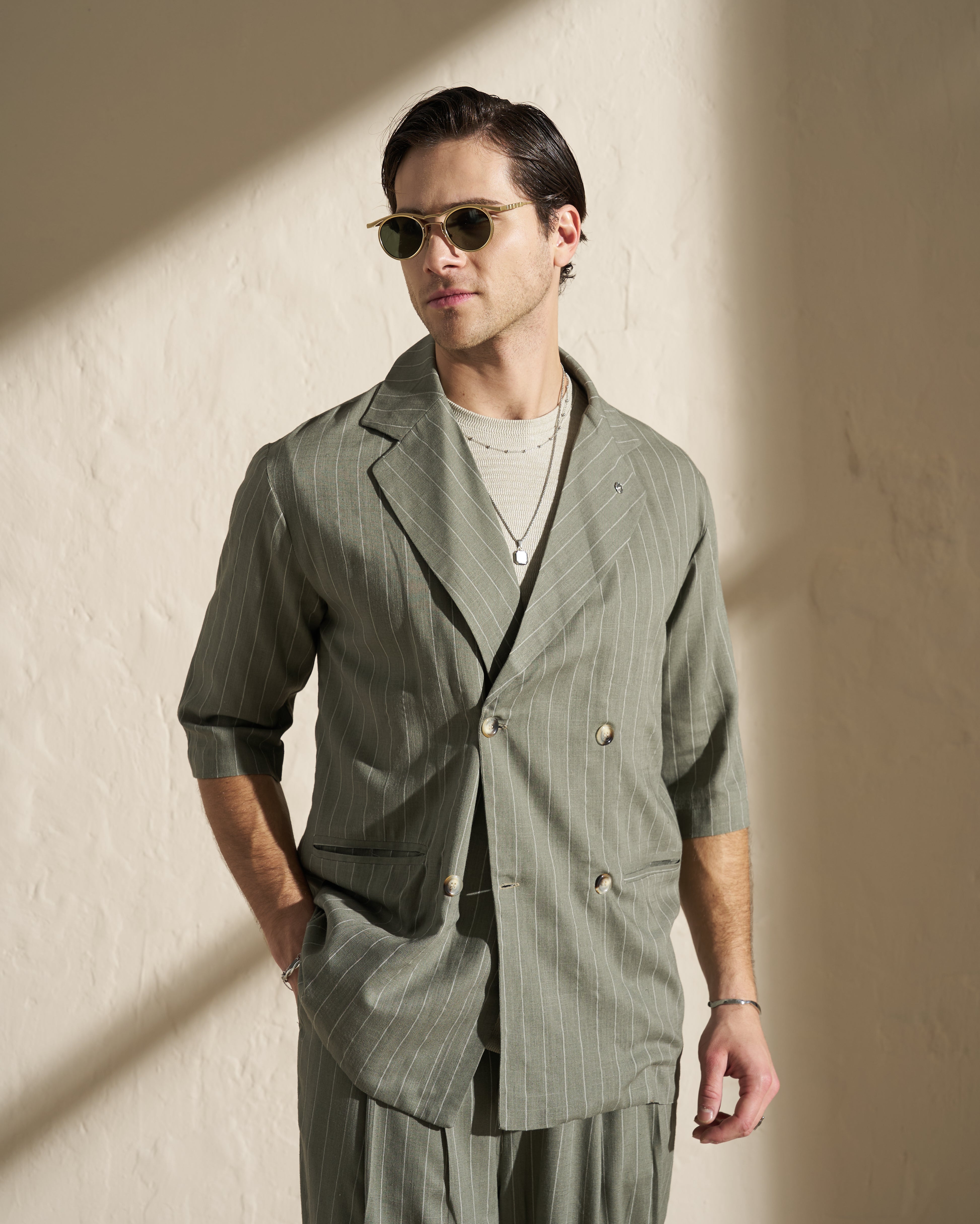 Lightweight Double-Breasted Pinstripe Blazer