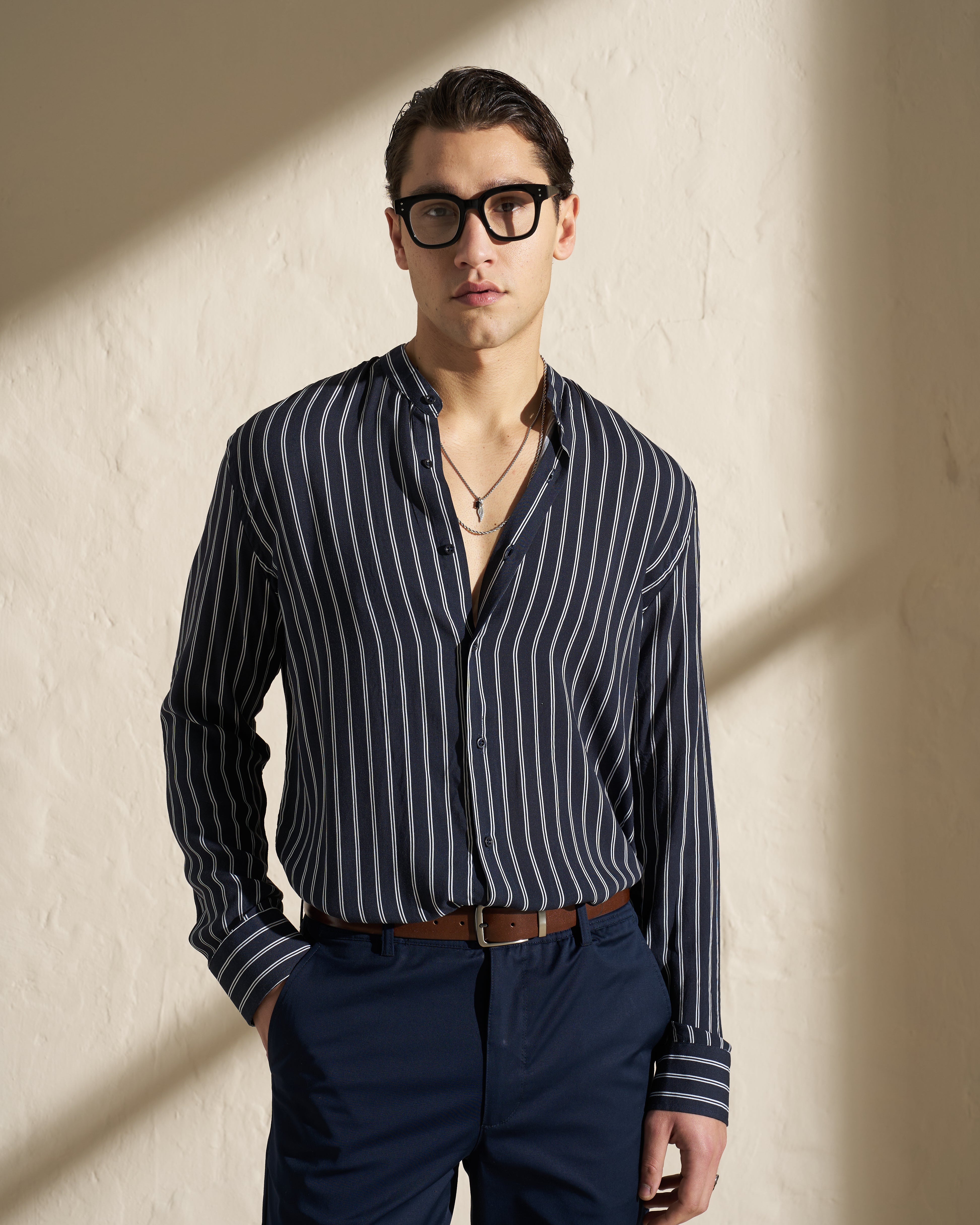Striped Mandarin Collar Shirt