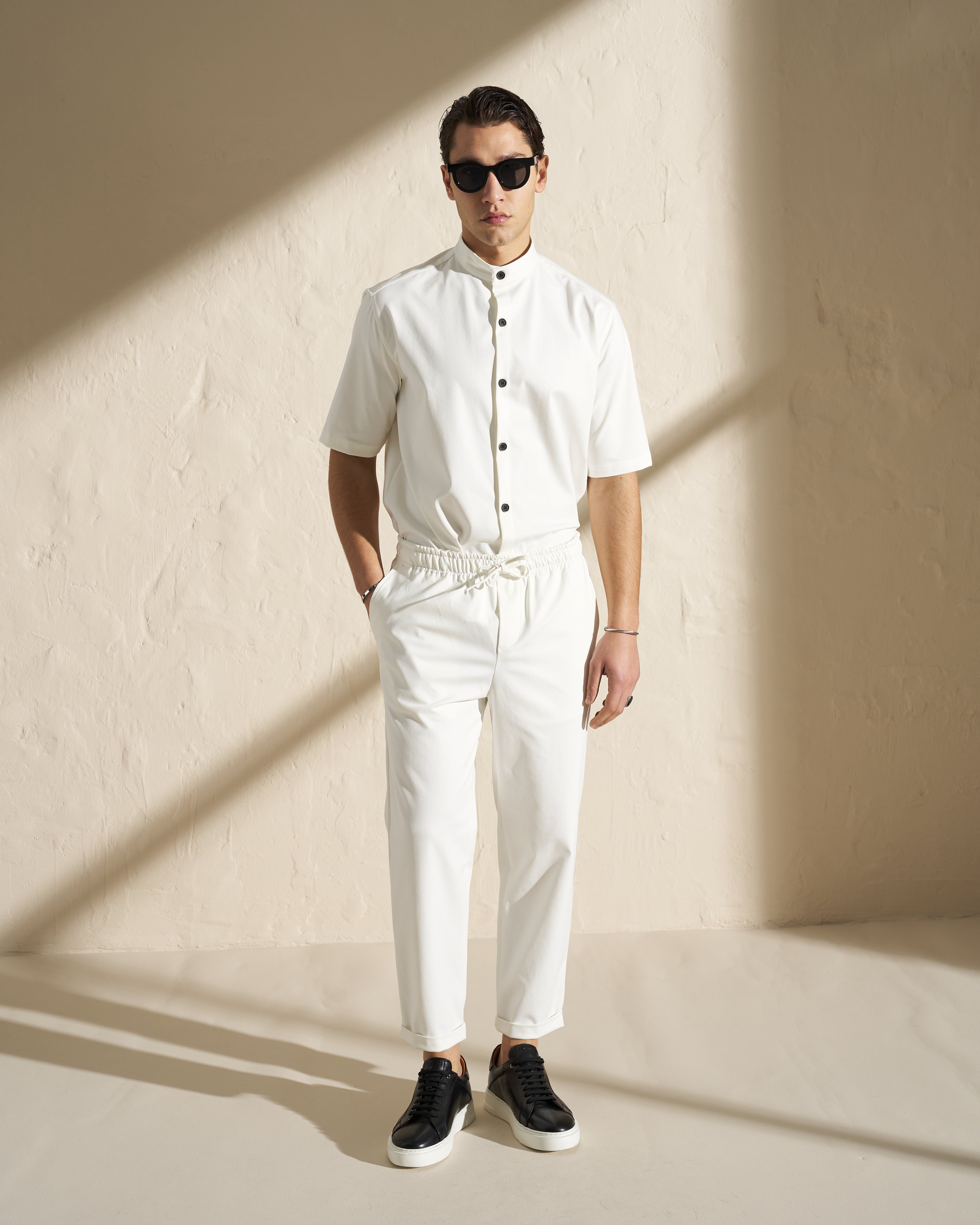 Short-Sleeve Mandarin Collar Shirt