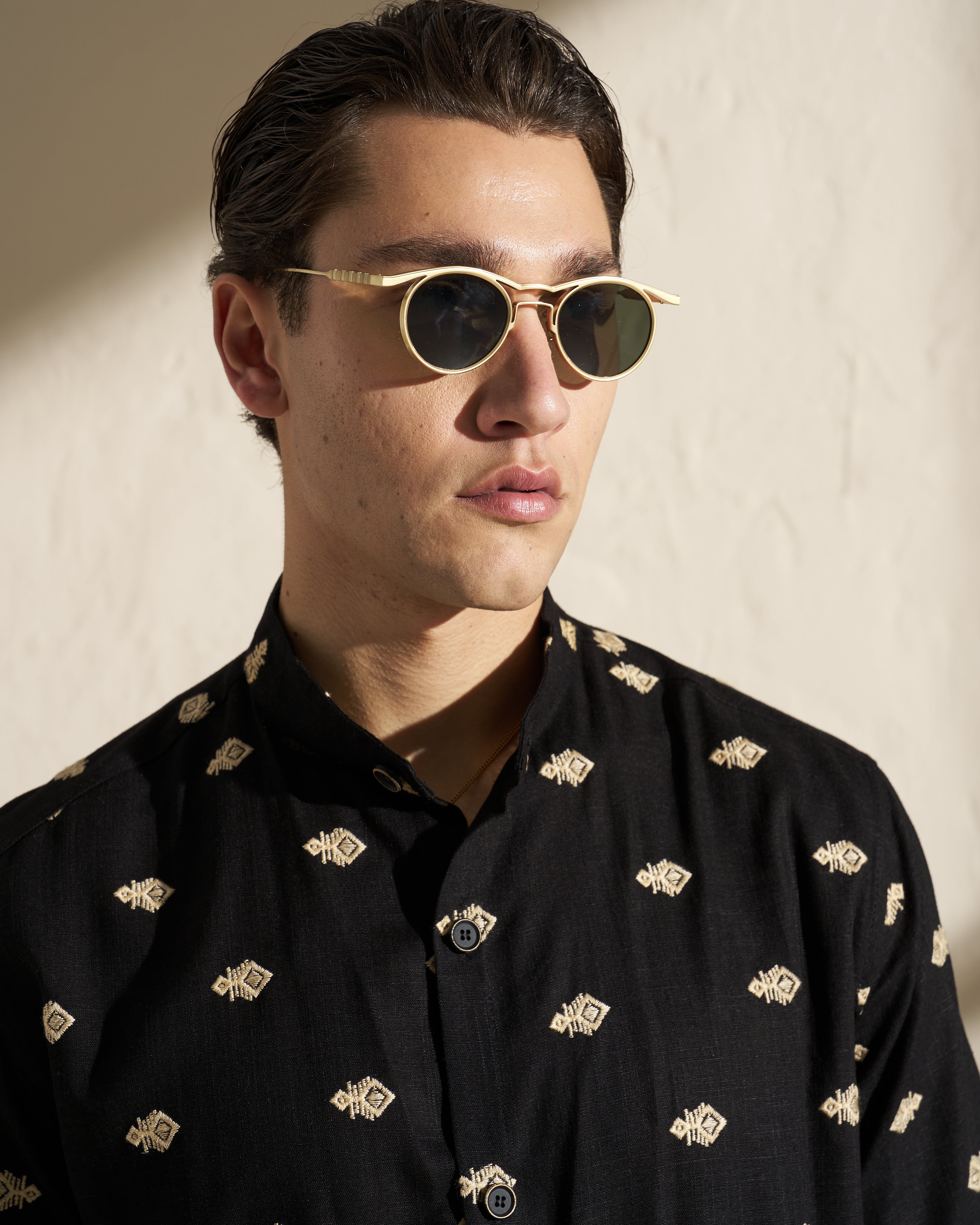 Patterned Short Sleeve Mandarin Collar Shirt