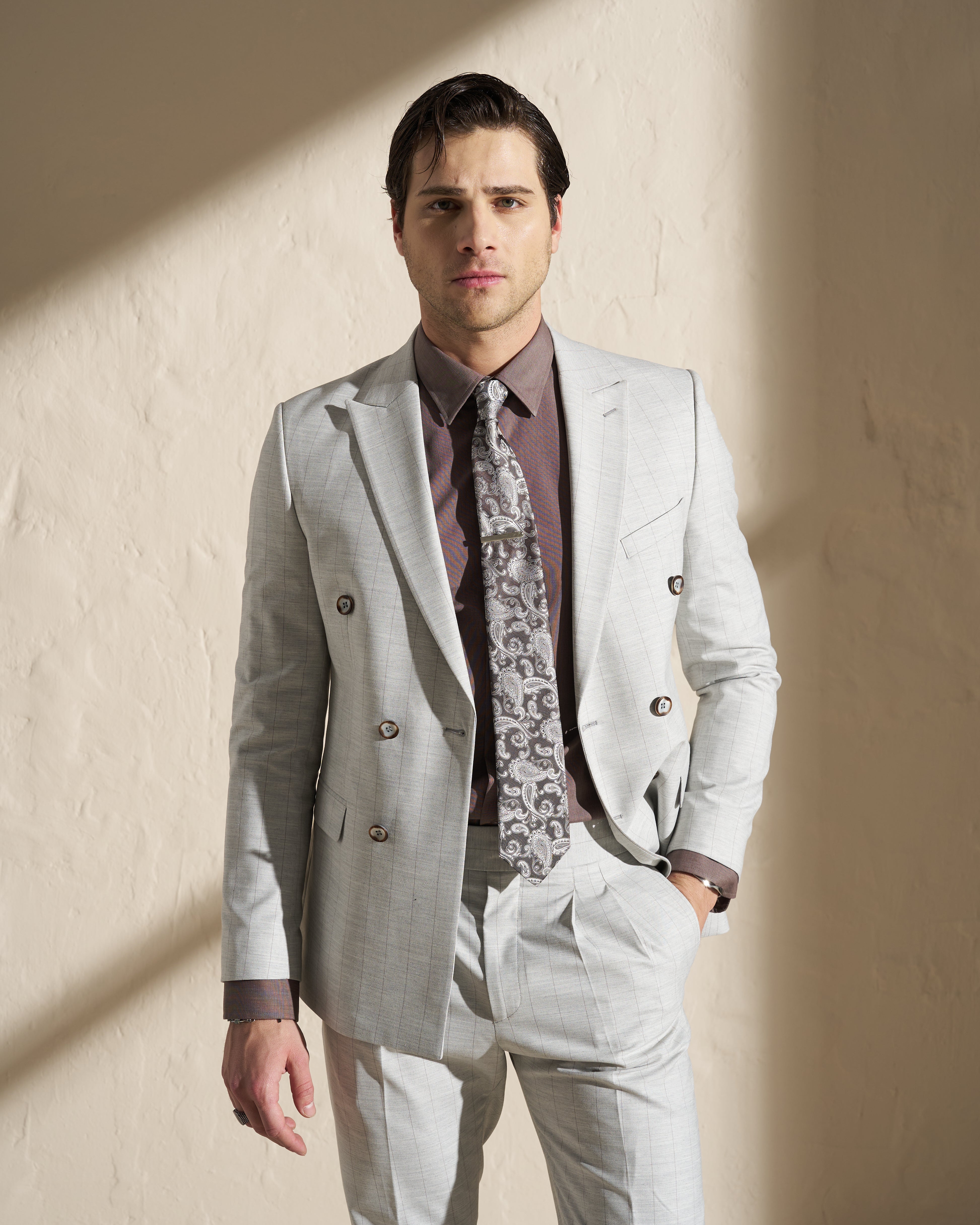 Men’s Double-Breasted Two-Piece Suit – Light Grey