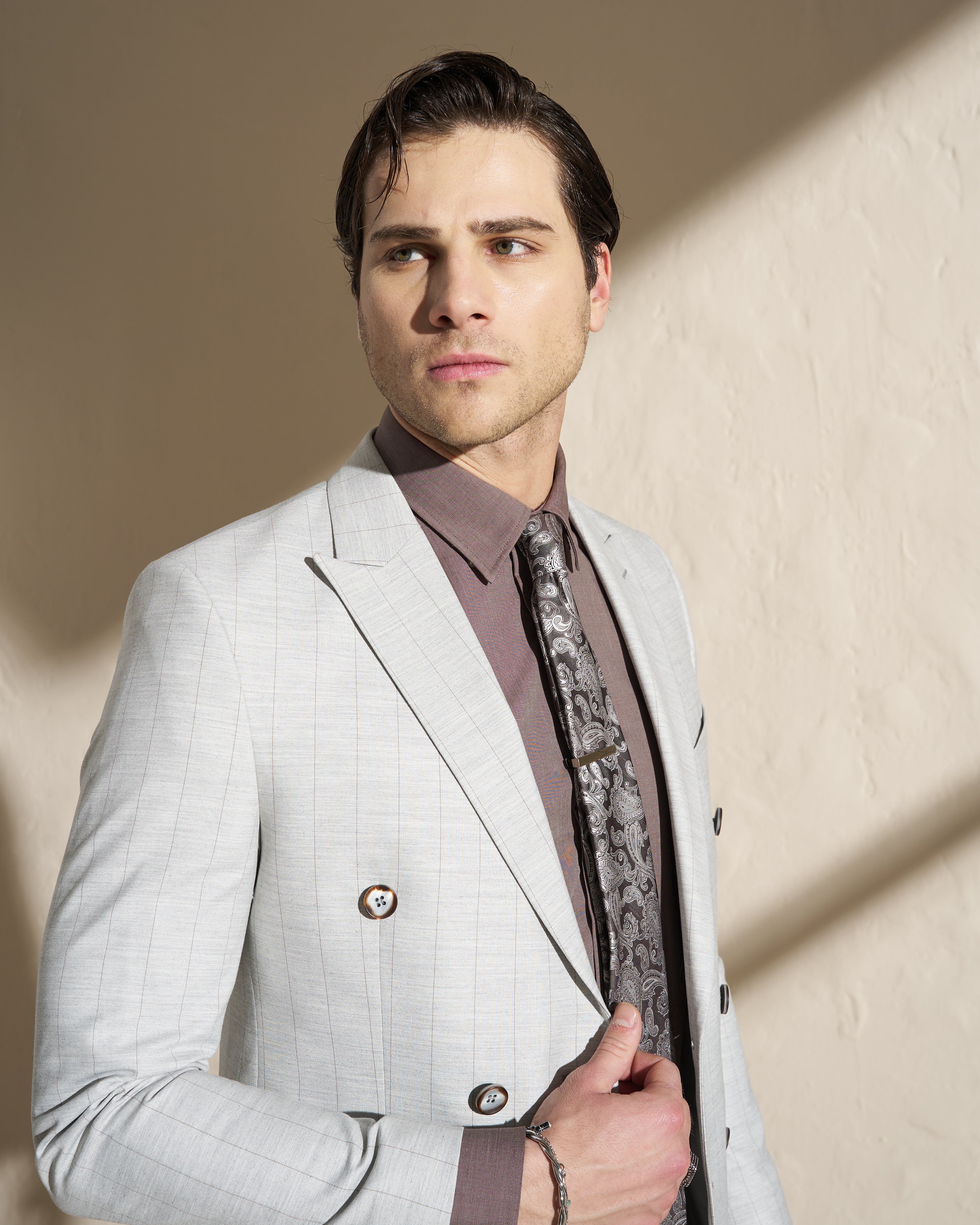 Men’s Double-Breasted Two-Piece Suit – Light Grey