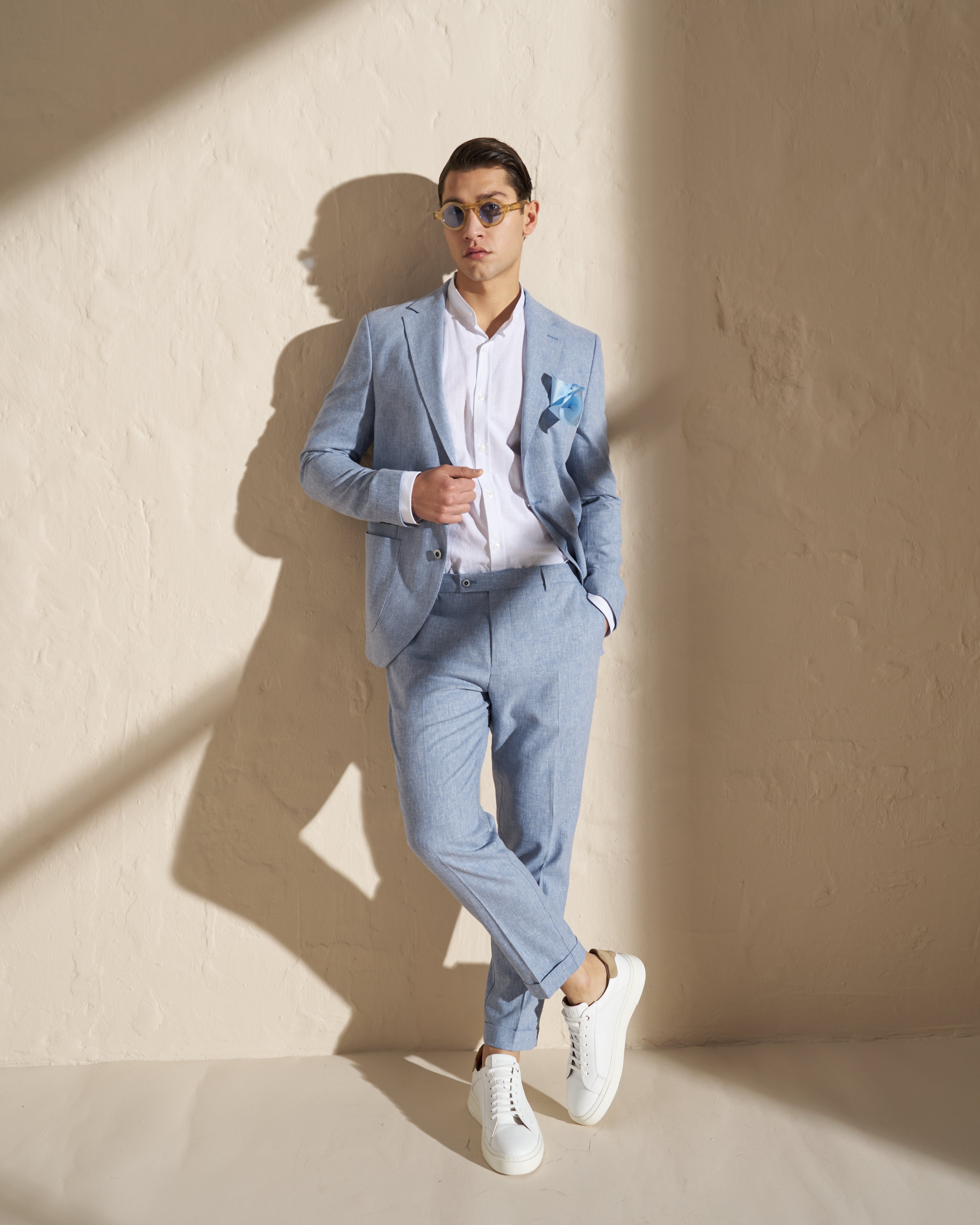 Light Blue Cotton–Linen Tailored Trousers