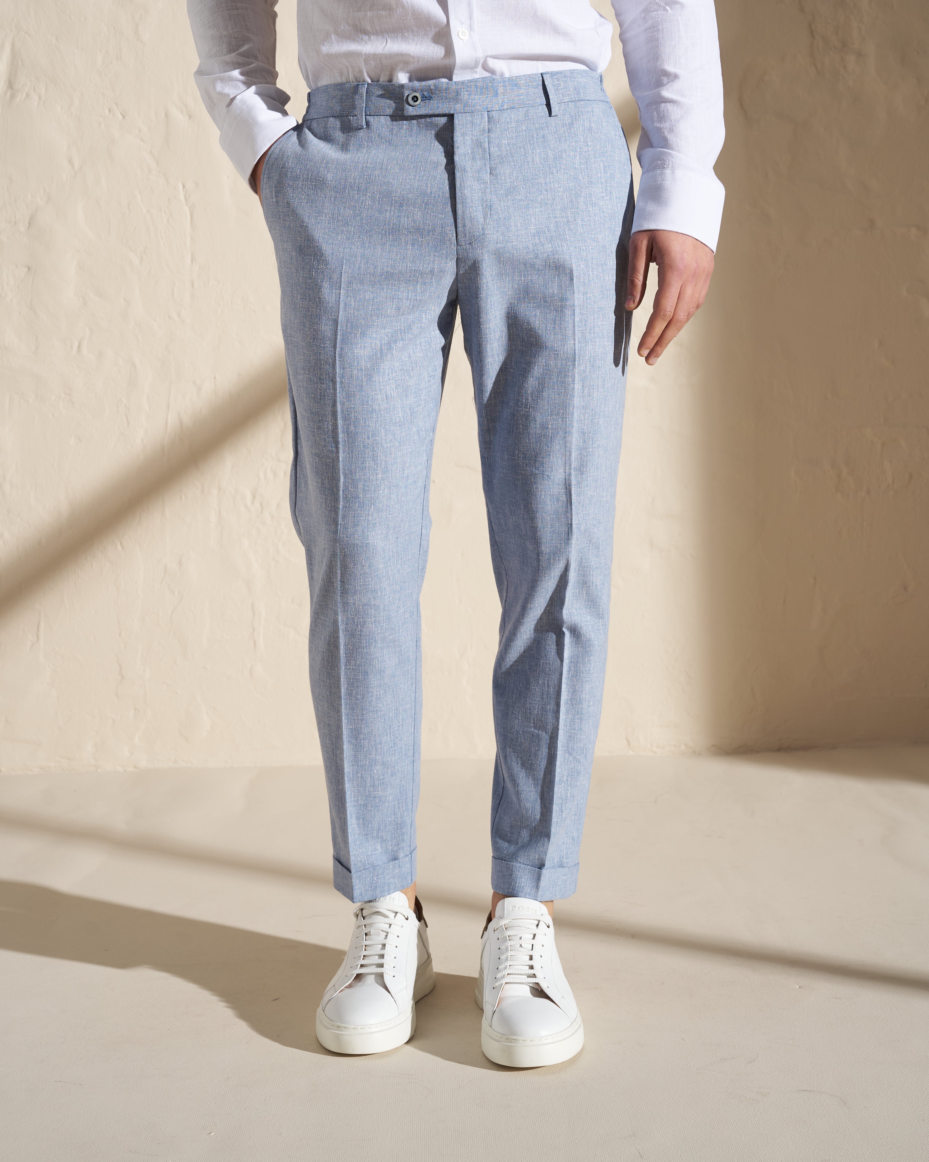 Light Blue Cotton–Linen Tailored Trousers